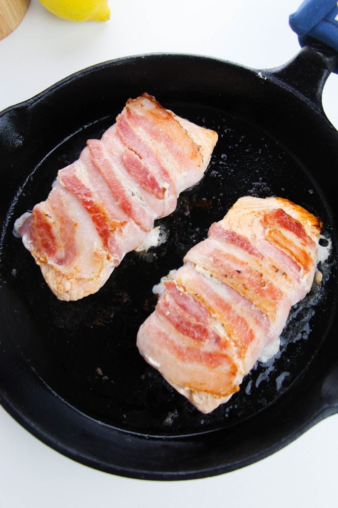 Skillet Bacon Wrapped Salmon Process