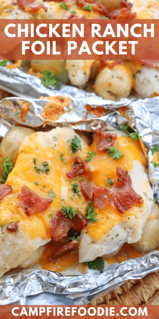Chicken covered in bacon bits and melted cheese in foil packets.