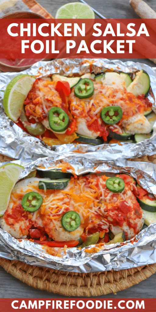 Chicken covered in salsa, chicken and jalapenos in foil packets.
