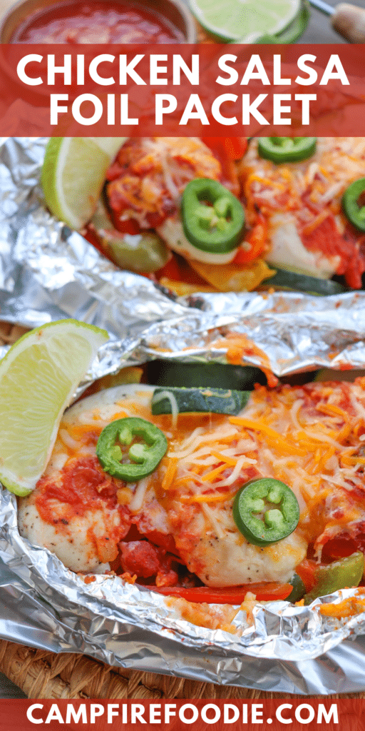 Chicken covered in salsa, cheese and jalapenos in foil packets.