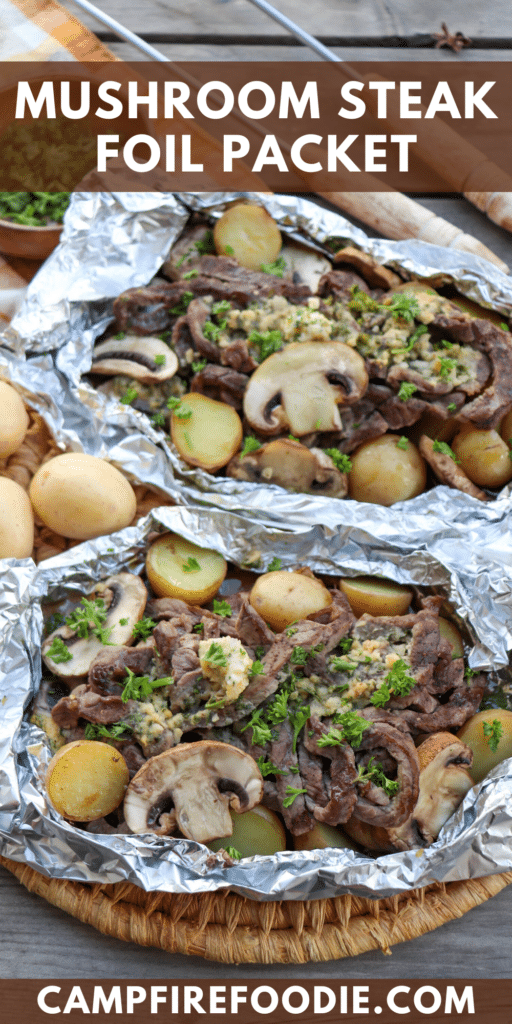 Mushrooms, potatoes and steak in foil packets.
