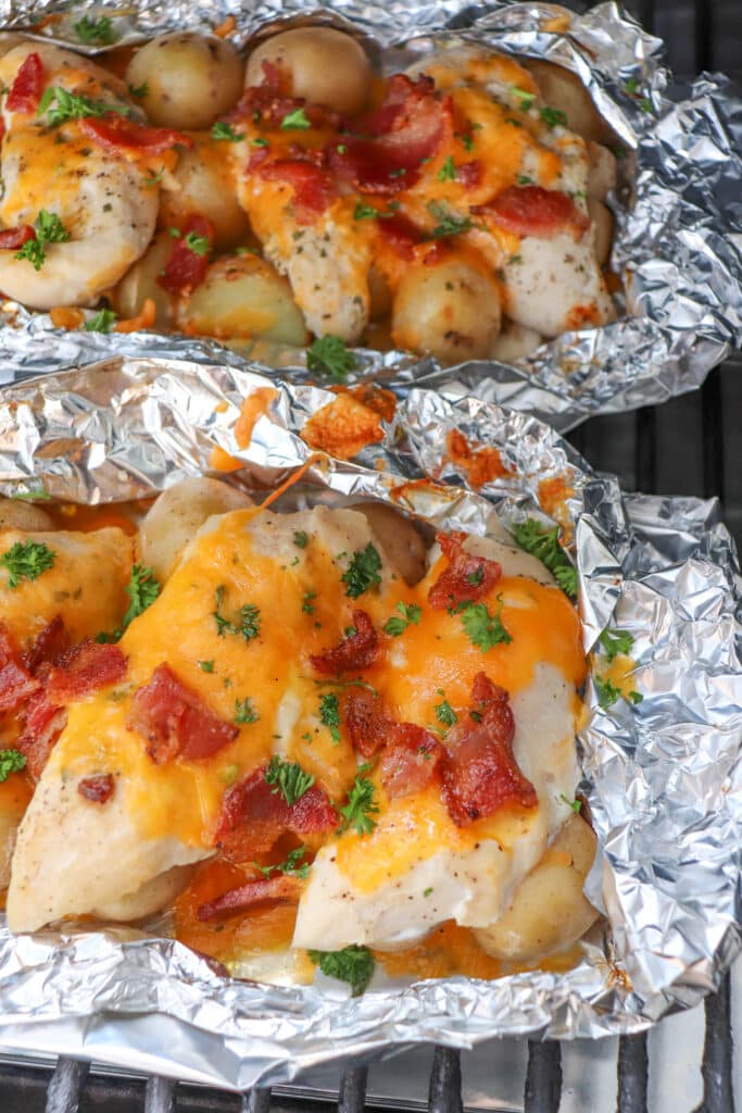 Close up of chicken bacon ranch foil packets.