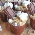 Clear cups filled with chocolate pudding, topped with crumbled graham crackers, mini marshmallows, whipped cream, and chocolate bars. Text on the image reads Smores pudding shots and campfirefoodie.com. Cups are arranged on a wooden surface.