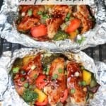 Two foil packets filled with teriyaki chicken, broccoli, bell peppers, and green onions on a grill. Text overlay reads: Foil Packet Teriyaki Chicken.