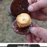 Two hands holding a partially assembled smore with a toasted marshmallow on a chocolate-covered biscuit. The background is grassy. Text at the bottom reads, Perfect Smores Recipe CAMPFIREDOODIE.COM.