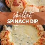 A skillet filled with creamy spinach dip surrounded by a ring of baked bread rolls with melted cheese. Text overlay reads skillet spinach dip with the website campfirefoodie.com at the bottom.