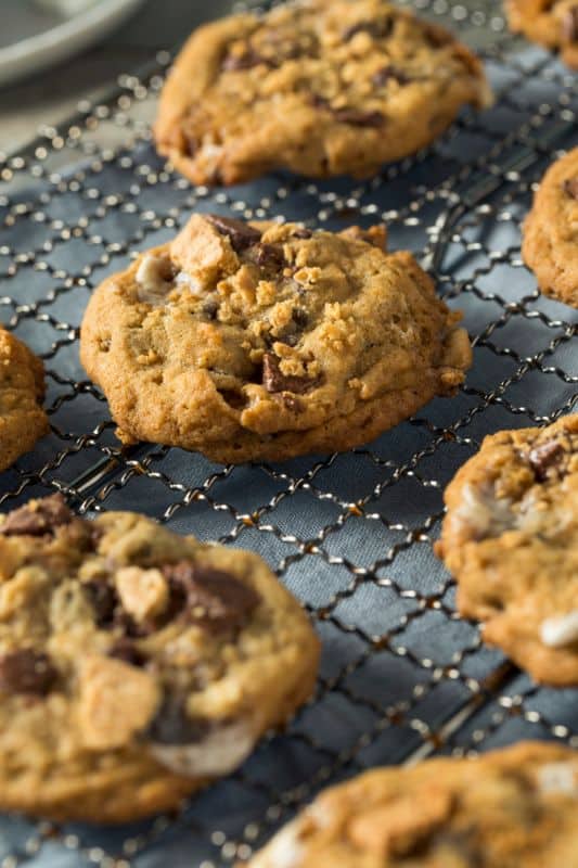 Close-up of freshly baked smores cookies on a metal cooling rack, with a textured woven surface underneath. The golden brown treats boast visible chocolate chunks and a slightly crumbly texture, reminiscent of your favorite cookie recipe.