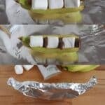 A step-by-step process of making a banana boat dessert: a banana sliced lengthwise, filled with marshmallows and chocolate pieces, wrapped in foil, and then cooked until the marshmallows are roasted.