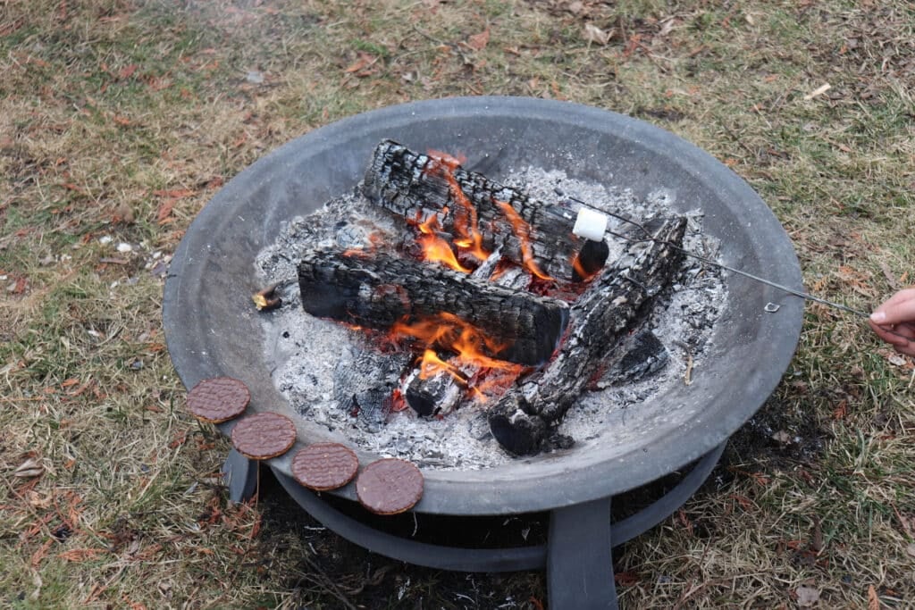 A round fire pit with burning wood logs and flames. A hand is toasting a marshmallow on a skewer over the fire for the best smores experience. Four beef patties are arranged on the edge of the fire pit, slightly cooked, surrounded by lush grass.