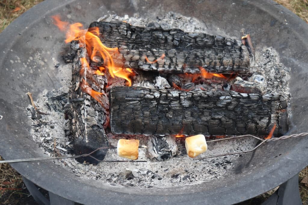 Two marshmallows roasting on skewers over a fire pit with burning logs and ashes, ready to transform into the best smores.