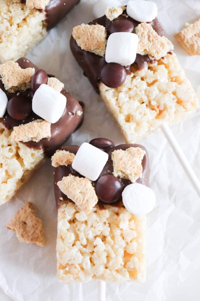 Rice Krispies treats on sticks, partially dipped in chocolate. Topped with mini marshmallows, chocolate chips, and graham cracker pieces, they are placed on crumpled white parchment paper.