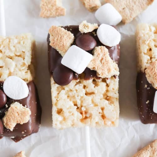 Rice Krispie treats on sticks, half-dipped in chocolate, topped with mini marshmallows, graham cracker pieces, and chocolate candies, are arranged on crumpled white parchment paper.