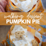 Individual packs of bear-shaped cookies filled with whipped cream, crumbled cookies, and pumpkin pie, creating a portable walking dessert. Text reads: Walking dessert Pumpkin Pie and campfirefoodie.com.