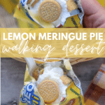 A hand holds an opened bag of Golden Oreo Minis filled with whipped cream and cookies, creating a lemon meringue pie walking dessert. Text on image: Lemon Meringue Pie Walking Dessert and campfirefoodie.com.
