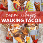 Open bags of corn chips are filled with ground beef, shredded cheese, and chopped onions, creating “walking tacos.” The image includes text that reads “corn chips WALKING TACOS” and the website campfirefoodie.com.