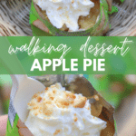 Close-up of an open snack bag filled with apple pie filling, topped with whipped cream and crumbled cookies. Text overlay reads walking dessert apple pie and campfirefoodie.com.