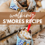 A close-up of a walking s’mores dessert served in an open Teddy Grahams bag, topped with whipped cream and crumbled graham crackers, with a red spoon. Text reads “walking s’mores recipe” and “campfirefoodie.com.”.