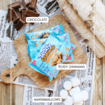 A wooden board holds Teddy Grahams, with chocolate pieces and marshmallows nearby. The items sit on newspaper atop a rustic wooden surface with a birch log. Labels identify chocolate, Teddy Grahams, and marshmallows.