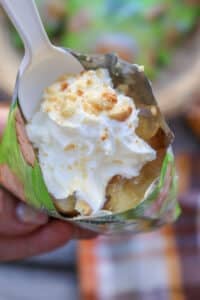 A close-up of a hand holding a bag filled with a dessert topped with whipped cream and crushed cookies, with a plastic spoon inserted. The bag is green with colorful designs.