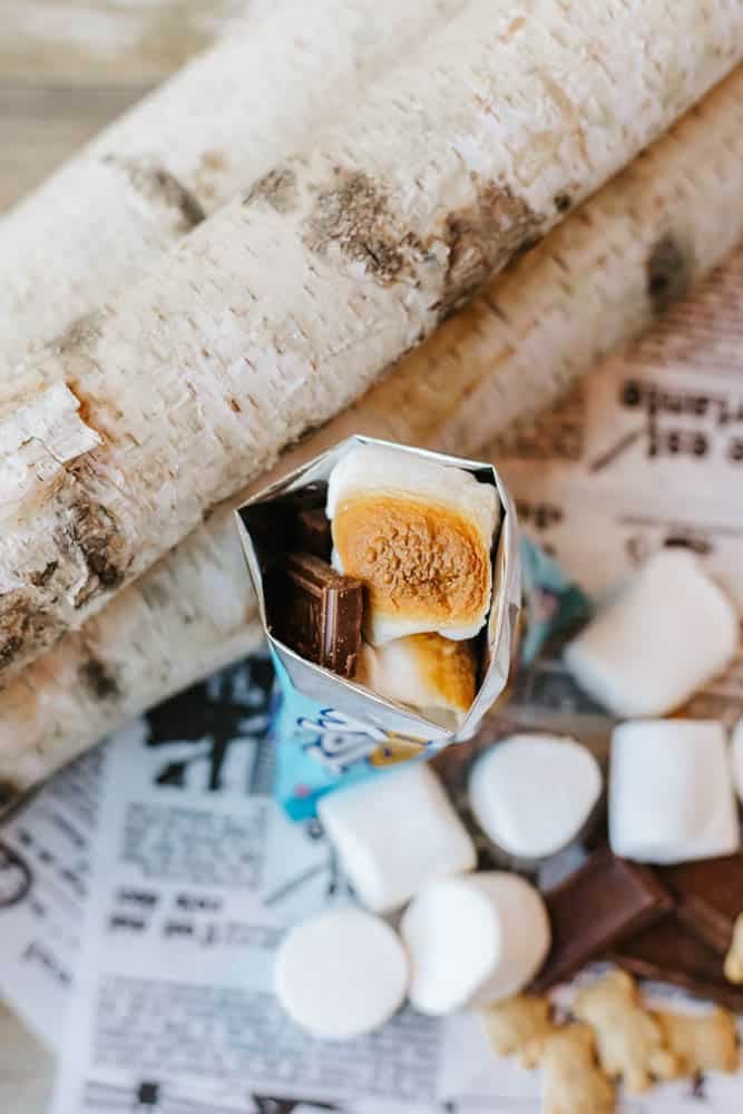 An open smores snack bag containing toasted marshmallows and chocolate sits on a newspaper beside wooden logs, with marshmallows, chocolate pieces, and graham crackers scattered around.
