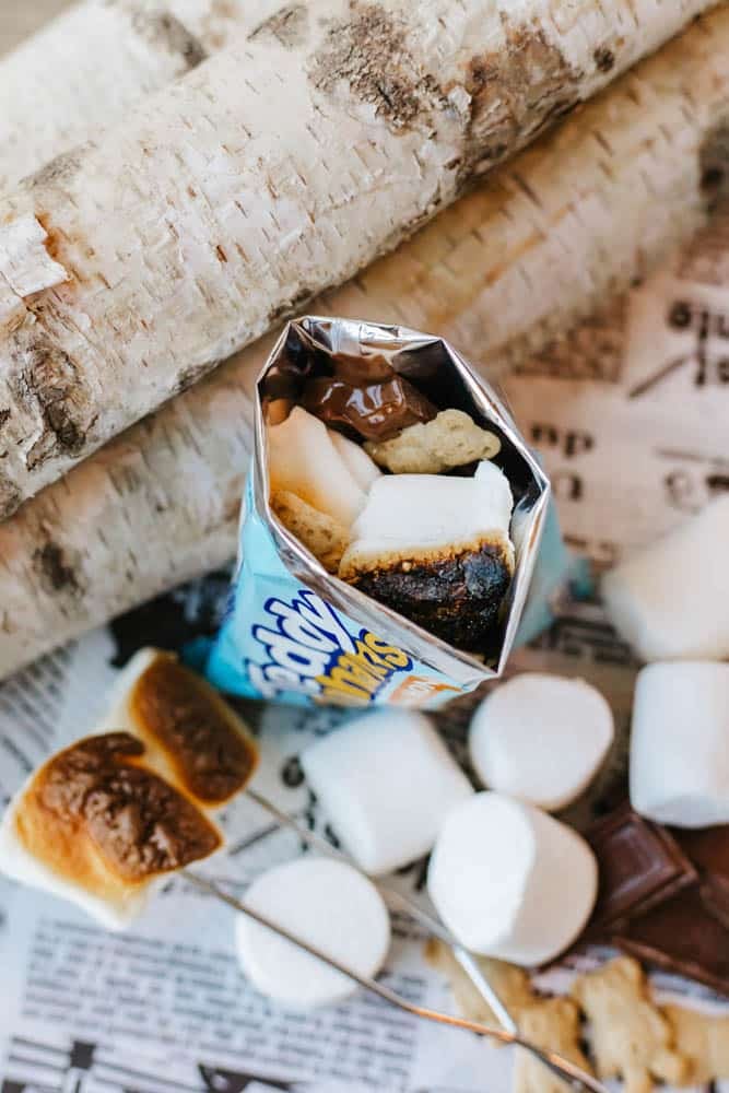 An open bag of Teddy Grahams with marshmallows and chocolate inside, surrounded by birch logs, newspaper, roasted marshmallows on skewers, marshmallows, and a piece of chocolate.