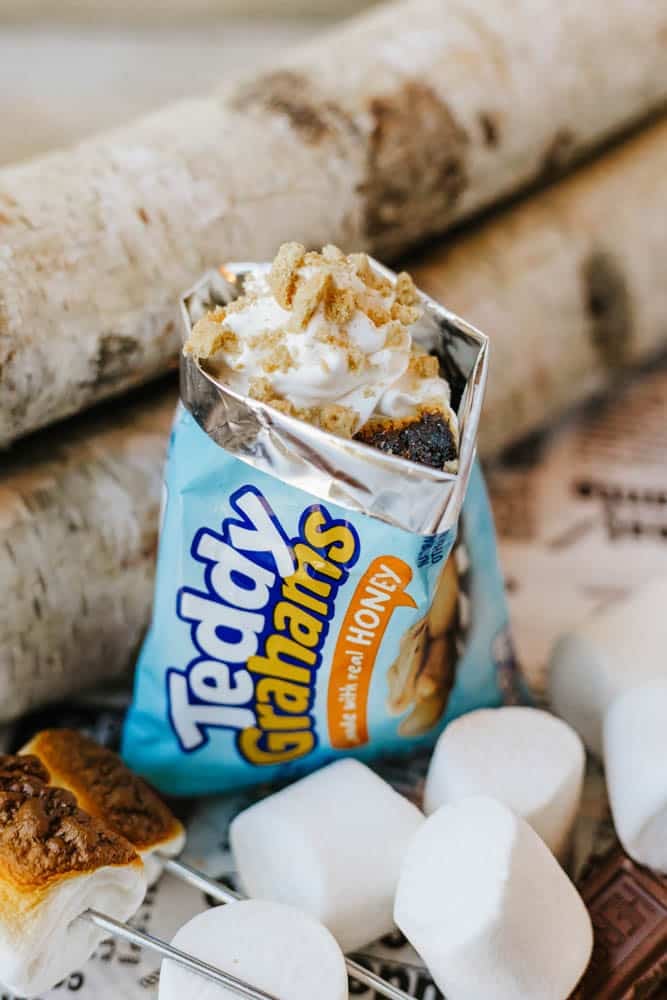 An opened bag of Teddy Grahams filled with whipped cream, crushed cookies, and chocolate, surrounded by marshmallows and toasted marshmallows on a stick, with birch logs in the background.