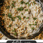 A Dutch oven filled with creamy beef stroganoff noodles, garnished with fresh parsley. The text at the bottom reads Dutch Oven Beef Stroganoff campfirefoodie.com.
