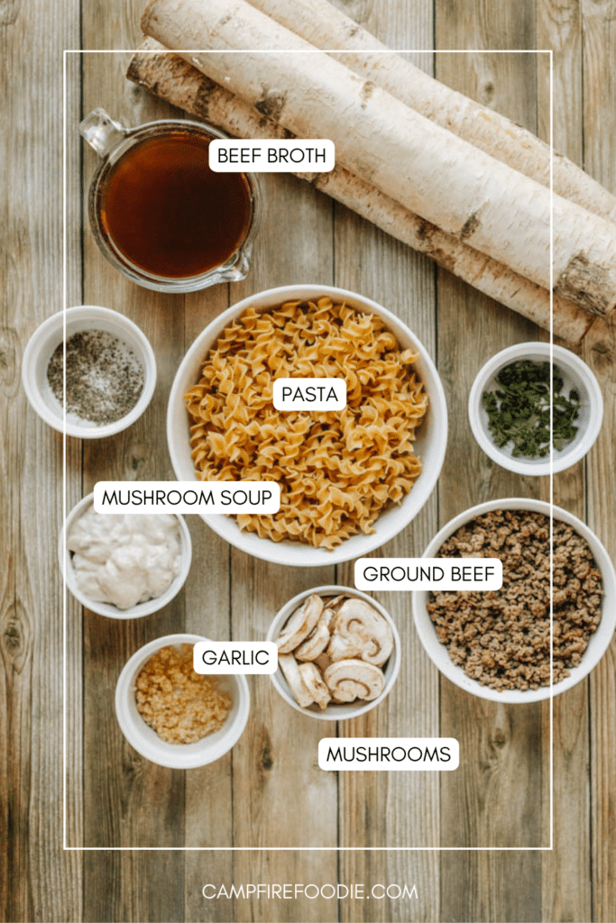 Top-down view of labeled ingredients on a wooden surface: beef broth, pasta, mushroom soup, ground beef, garlic, mushrooms, dried herbs, and chopped green herbs, with the website campfirefoodie.com at the bottom.